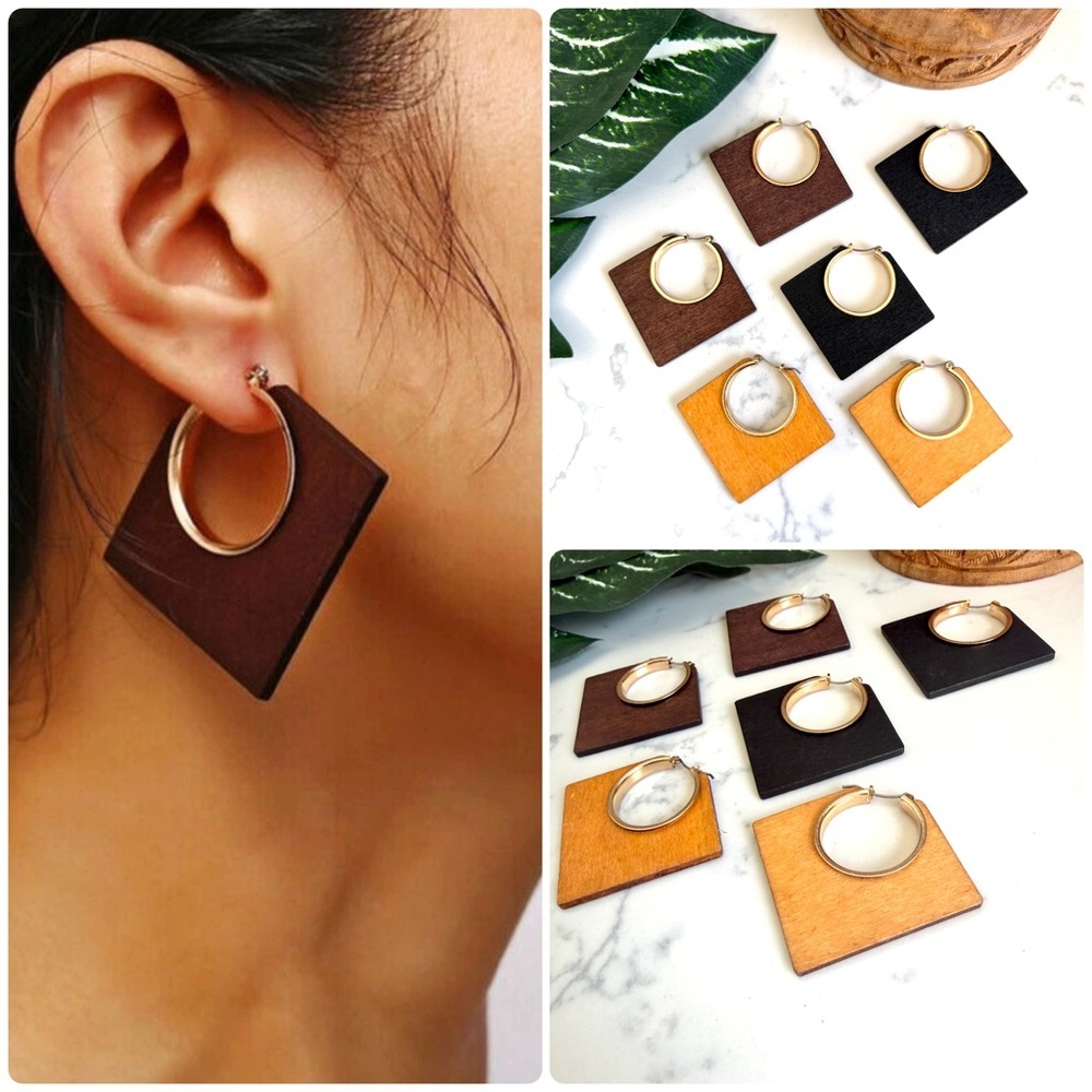 Boho 3 Pairs Wood Square Earrings Wooden Hoop Vintage Style Gift Jewelry NEW